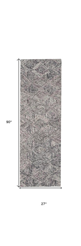 8' Black Gray and Ivory Wool Geometric Runner Rug