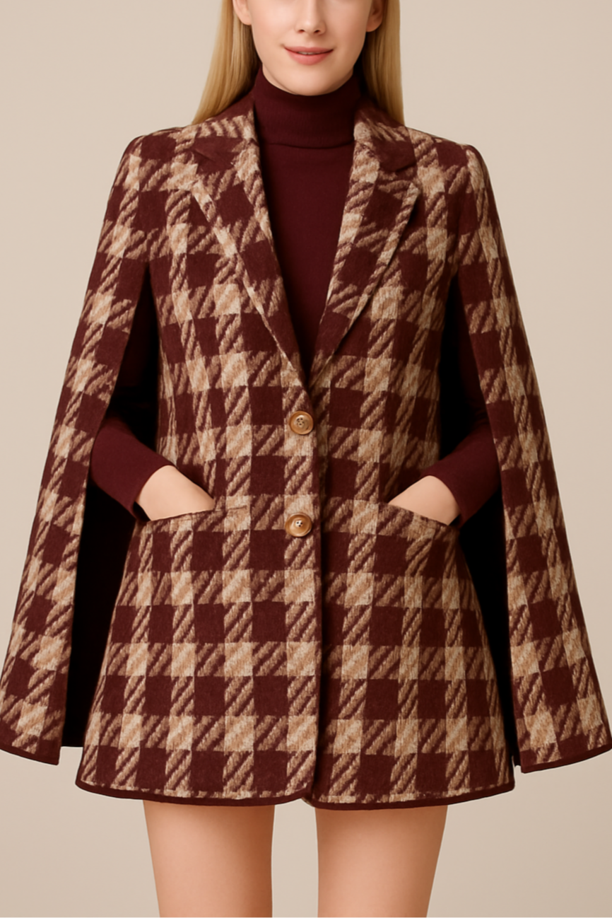 Houndstooth Woolen Cape Coat & Shorts ¨C Elegant & Fashionable Set
